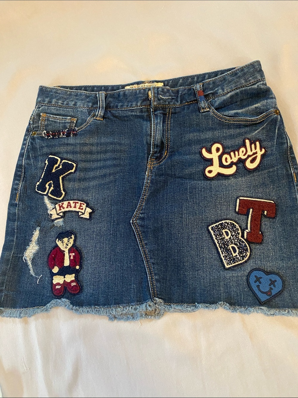 Teenie Weenie Dark Blue Denim Patchwork Mini Skirt with Embroidered Patches